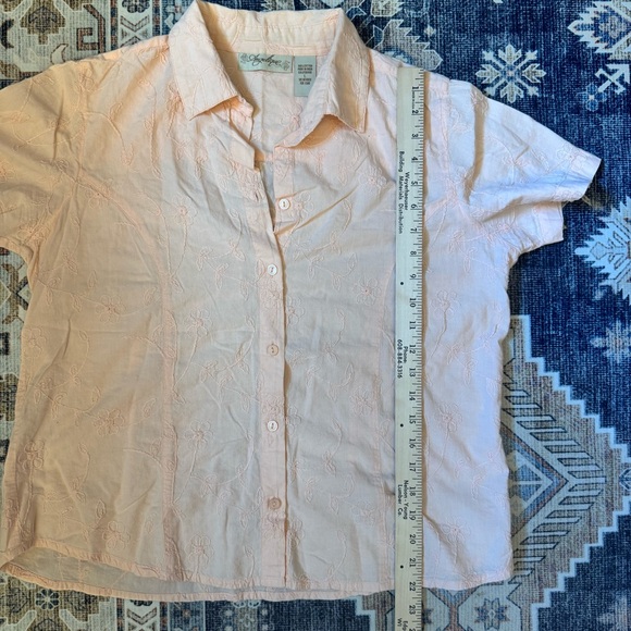 Angelique Pink Embroidered Floral Button Down Short Sleeve Shirt 100% Cotton L - Picture 8 of 10